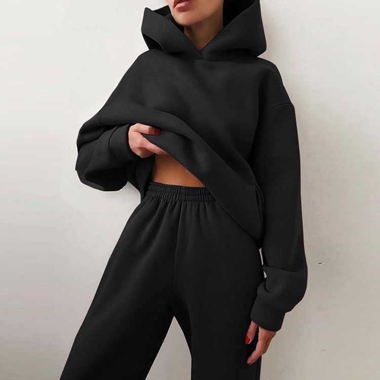 Winter Solid Plain Women Tracksuit Fleeced Sweat Pant and Hoodie Jogging Suit Sets Custom Unisex Sweatsuit Set