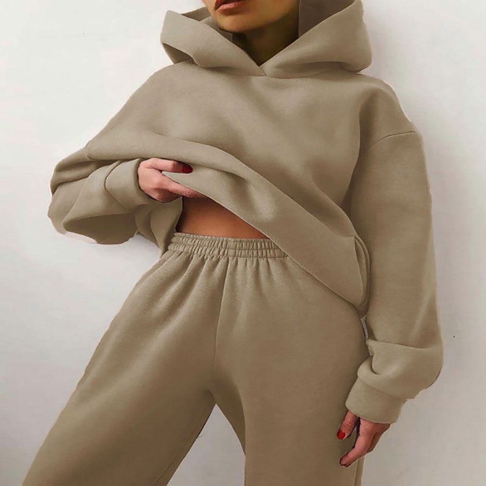 Winter Solid Plain Women Tracksuit Fleeced Sweat Pant and Hoodie Jogging Suit Sets Custom Unisex Sweatsuit Set