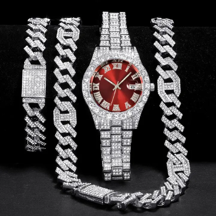 3pcs/set  European and American style Hip-hop Diamond Necklace Bracelet Men's Watch Set Silver Quartz  Full Diamond Watch Male Student Steel Band Metal Calendar Cuban Chain Set Watch