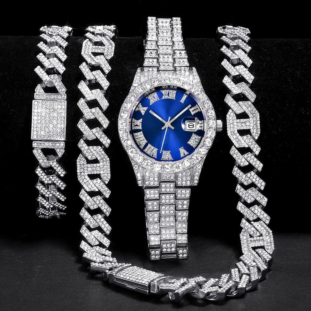 3pcs/set  European and American style Hip-hop Diamond Necklace Bracelet Men's Watch Set Silver Quartz  Full Diamond Watch Male Student Steel Band Metal Calendar Cuban Chain Set Watch