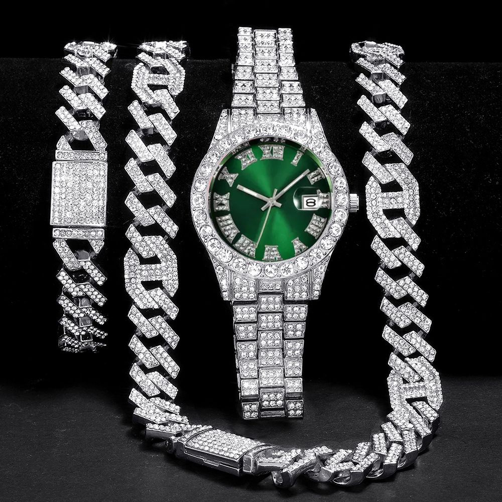 3pcs/set  European and American style Hip-hop Diamond Necklace Bracelet Men's Watch Set Silver Quartz  Full Diamond Watch Male Student Steel Band Metal Calendar Cuban Chain Set Watch