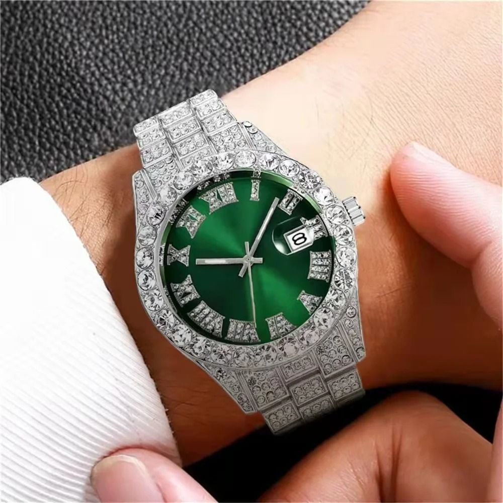 3pcs/set  European and American style Hip-hop Diamond Necklace Bracelet Men's Watch Set Silver Quartz  Full Diamond Watch Male Student Steel Band Metal Calendar Cuban Chain Set Watch