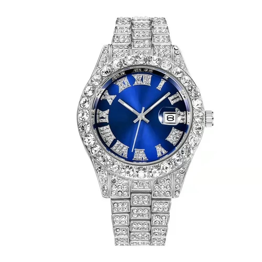 3pcs/set  European and American style Hip-hop Diamond Necklace Bracelet Men's Watch Set Silver Quartz  Full Diamond Watch Male Student Steel Band Metal Calendar Cuban Chain Set Watch