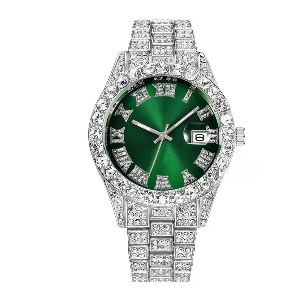 3pcs/set  European and American style Hip-hop Diamond Necklace Bracelet Men's Watch Set Silver Quartz  Full Diamond Watch Male Student Steel Band Metal Calendar Cuban Chain Set Watch