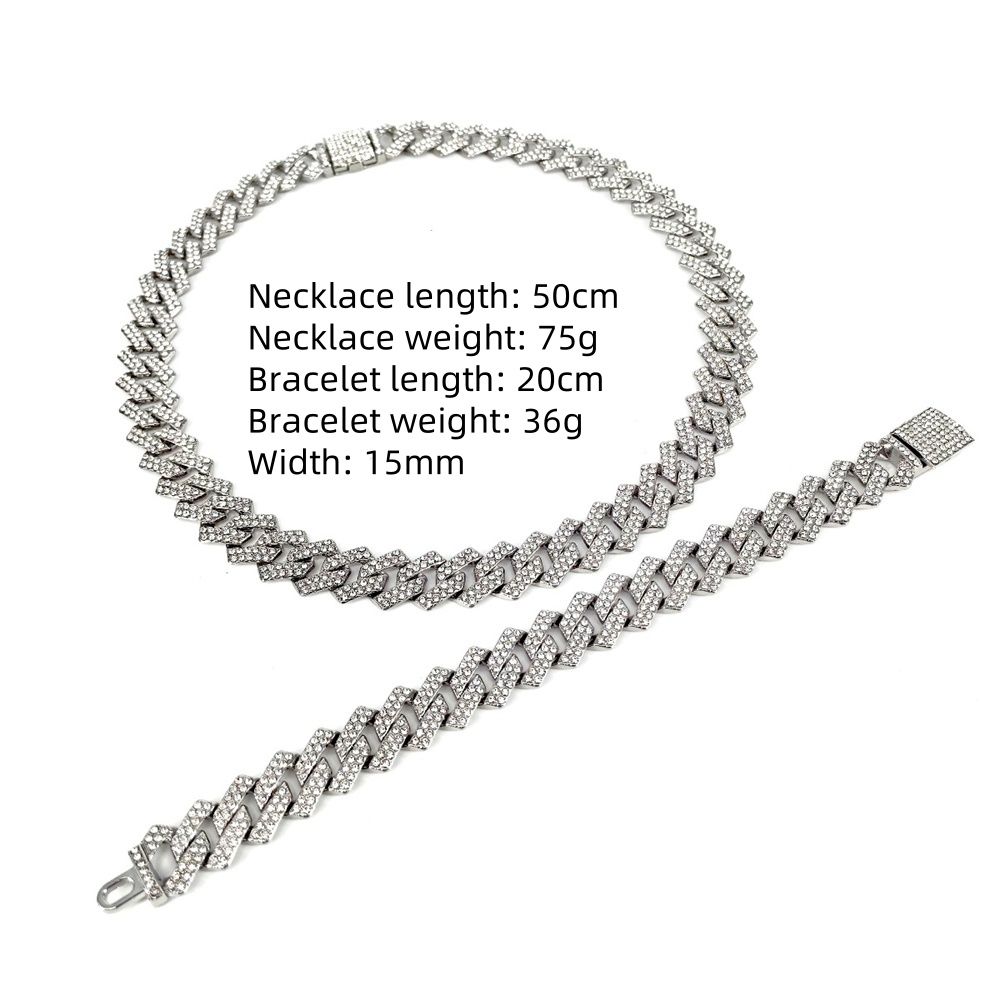 3pcs/set  European and American style Hip-hop Diamond Necklace Bracelet Men's Watch Set Silver Quartz  Full Diamond Watch Male Student Steel Band Metal Calendar Cuban Chain Set Watch