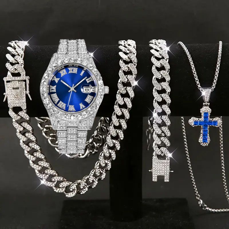 High Quality Hip-Hop Four-Piece Set: Cuban Link Bracelet + Cuban Link Chain + Cross Zircon Necklace + Calendar Quartz Watch - Street Style Watch Gift Box Set, Birthday/Holiday Gift for Boyfriend