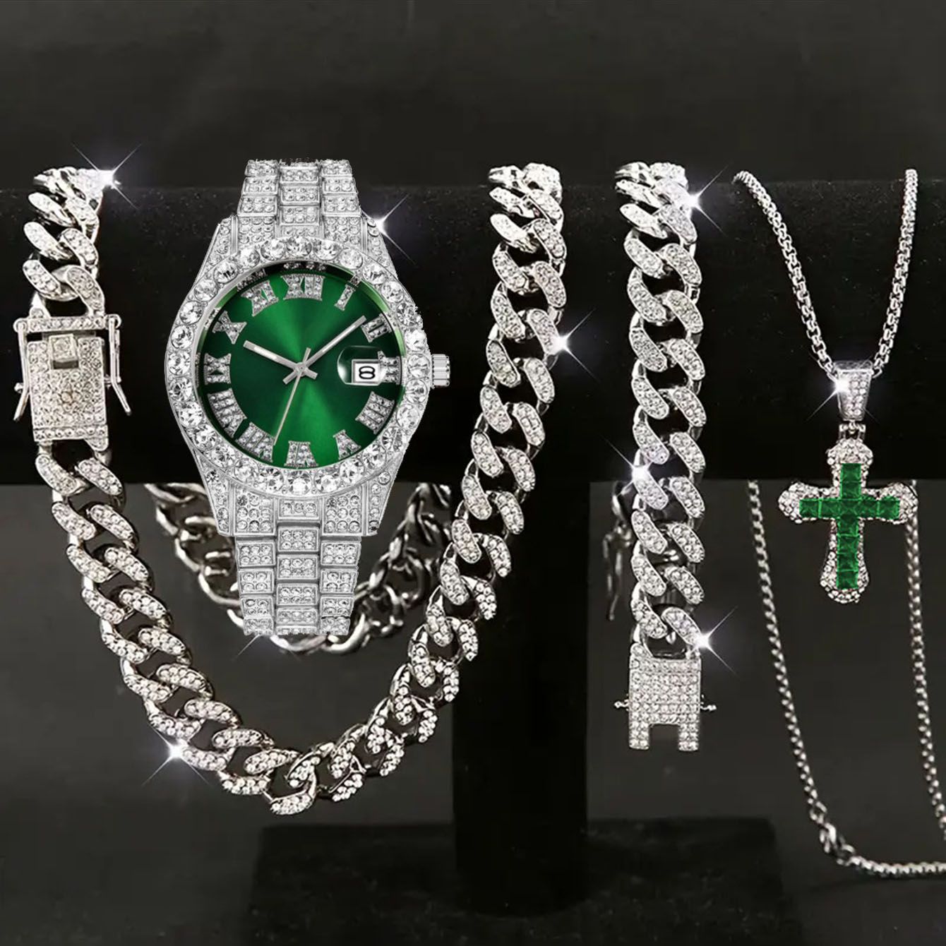 High Quality Hip-Hop Four-Piece Set: Cuban Link Bracelet + Cuban Link Chain + Cross Zircon Necklace + Calendar Quartz Watch - Street Style Watch Gift Box Set, Birthday/Holiday Gift for Boyfriend