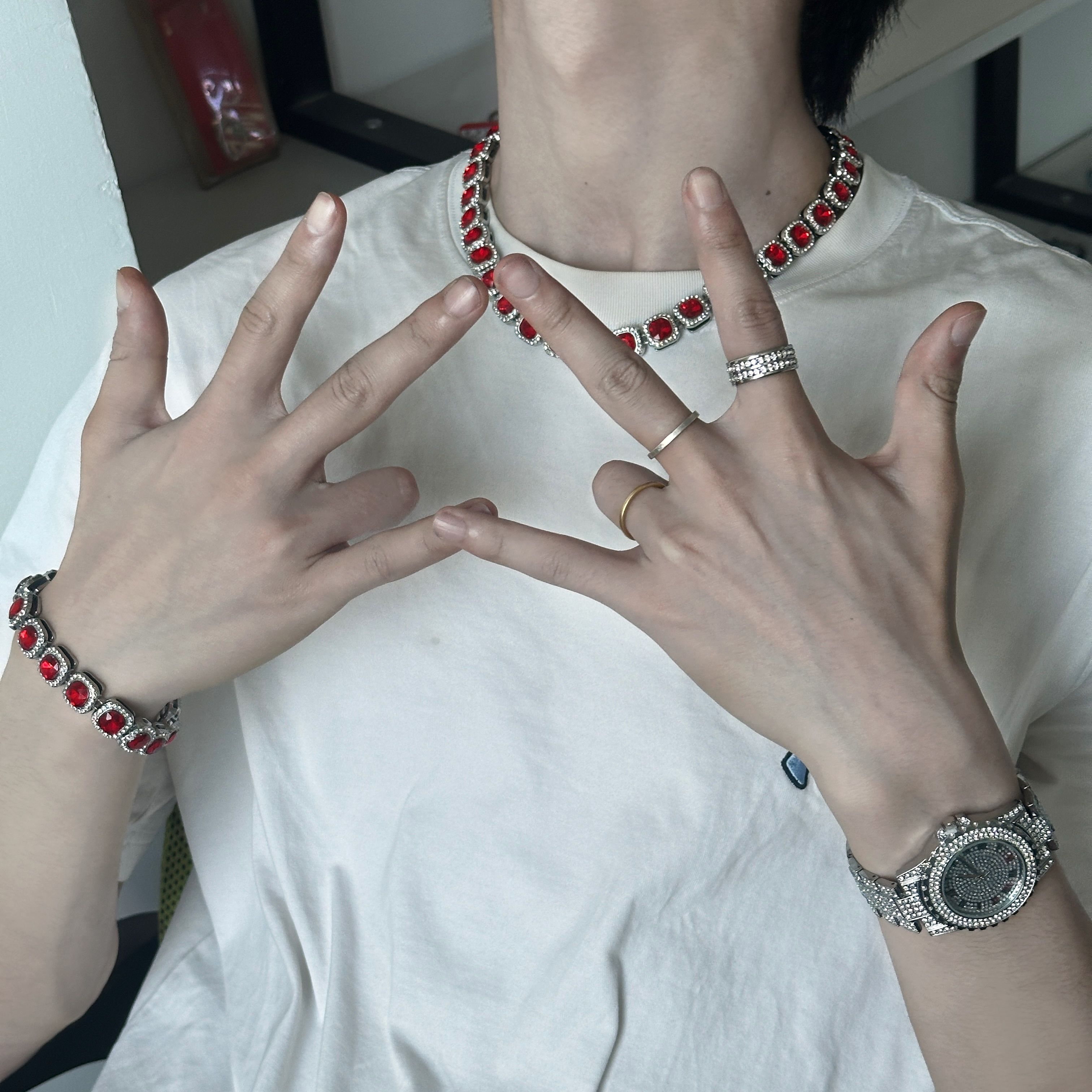 European and American popular hip-hop 3 pieces/set, unisex luxury quartz watch, rhinestone tennis necklace, silver watch, gemstone, rock sugar high end bracelet