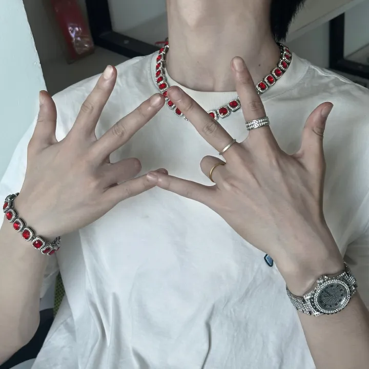 European and American popular hip-hop 3 pieces/set, unisex luxury quartz watch, rhinestone tennis necklace, silver watch, gemstone, rock sugar high end bracelet