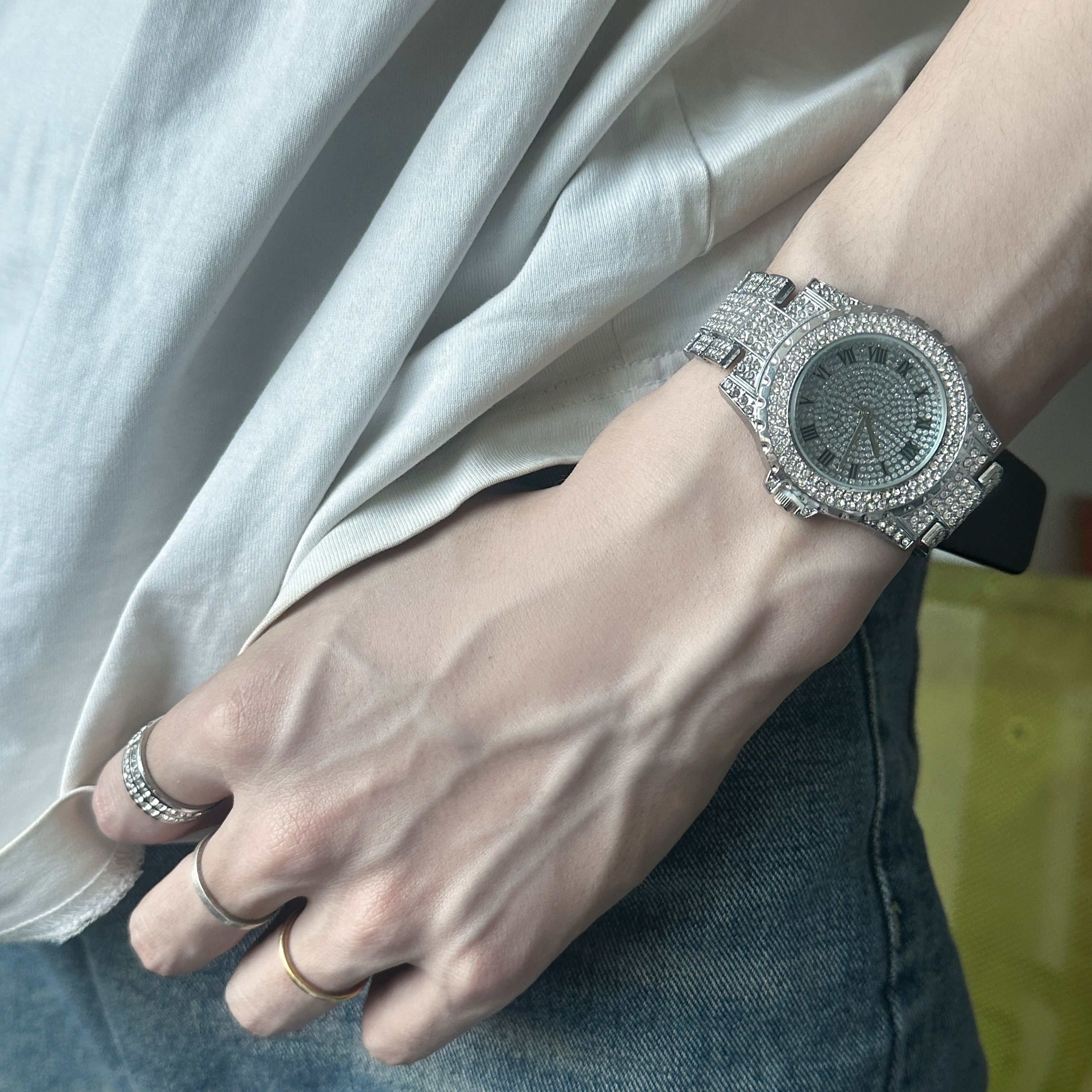 European and American popular hip-hop 3 pieces/set, unisex luxury quartz watch, rhinestone tennis necklace, silver watch, gemstone, rock sugar high end bracelet