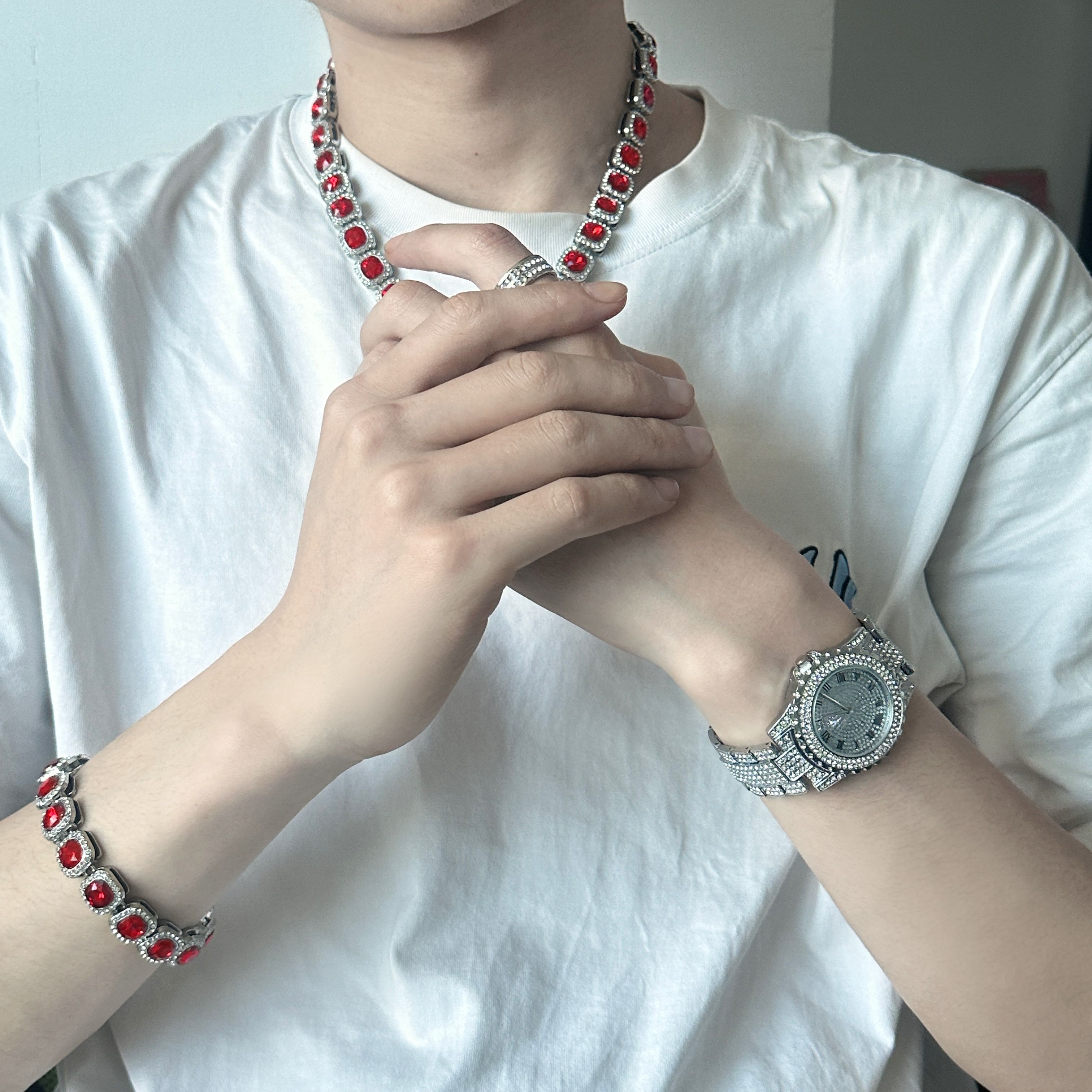 European and American popular hip-hop 3 pieces/set, unisex luxury quartz watch, rhinestone tennis necklace, silver watch, gemstone, rock sugar high end bracelet