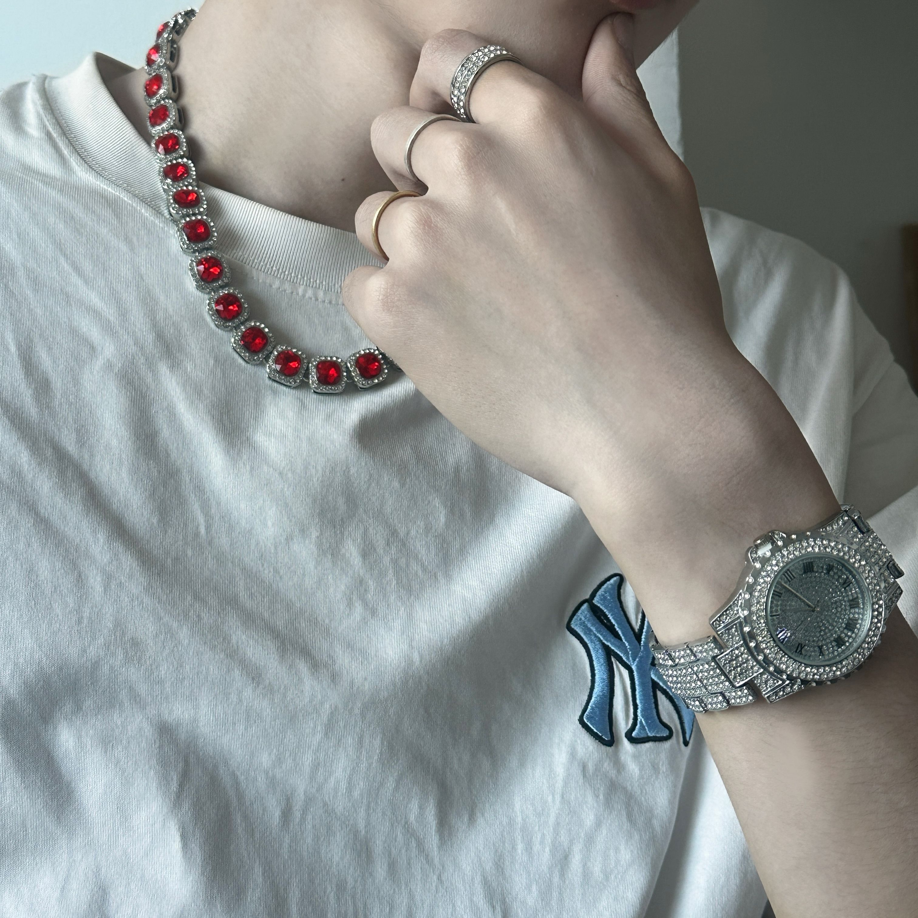 European and American popular hip-hop 3 pieces/set, unisex luxury quartz watch, rhinestone tennis necklace, silver watch, gemstone, rock sugar high end bracelet