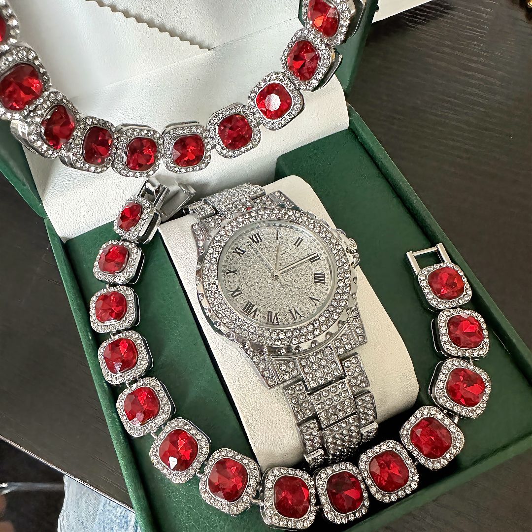 European and American popular hip-hop 3 pieces/set, unisex luxury quartz watch, rhinestone tennis necklace, silver watch, gemstone, rock sugar high end bracelet