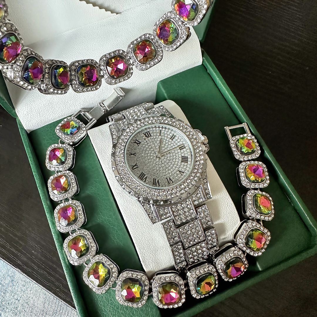 European and American popular hip-hop 3 pieces/set, unisex luxury quartz watch, rhinestone tennis necklace, silver watch, gemstone, rock sugar high end bracelet