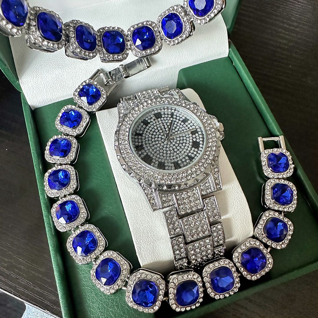 European and American popular hip-hop 3 pieces/set, unisex luxury quartz watch, rhinestone tennis necklace, silver watch, gemstone, rock sugar high end bracelet