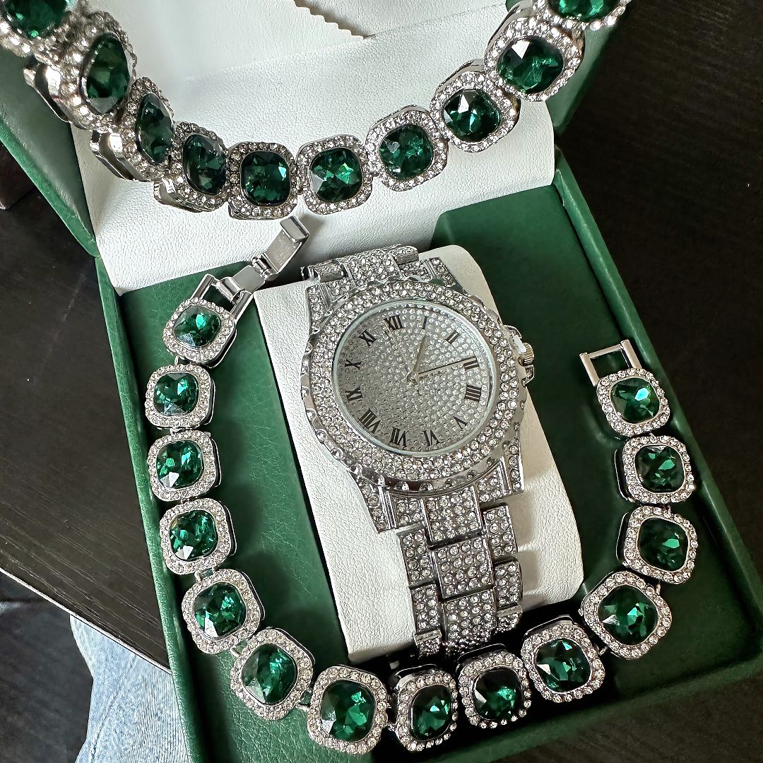 European and American popular hip-hop 3 pieces/set, unisex luxury quartz watch, rhinestone tennis necklace, silver watch, gemstone, rock sugar high end bracelet