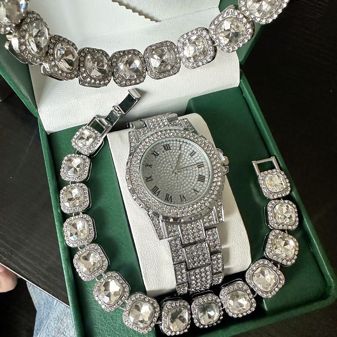 European and American popular hip-hop 3 pieces/set, unisex luxury quartz watch, rhinestone tennis necklace, silver watch, gemstone, rock sugar high end bracelet