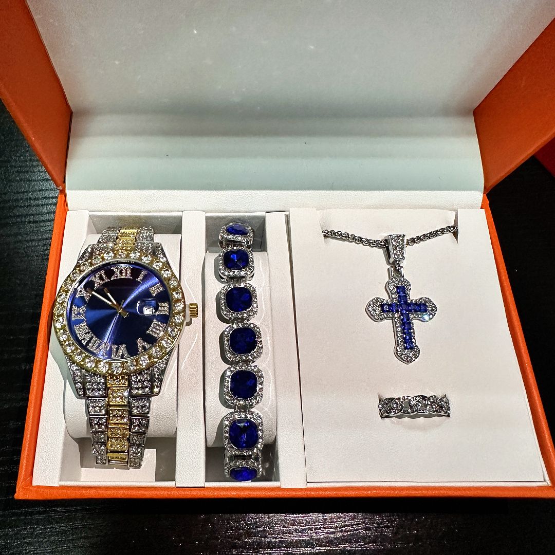 4-piece Hiphop Steel Belt Calendar Blue Face Personalized Men's Watch Bracelet Necklace Diamond Set Jewelry Gift Box