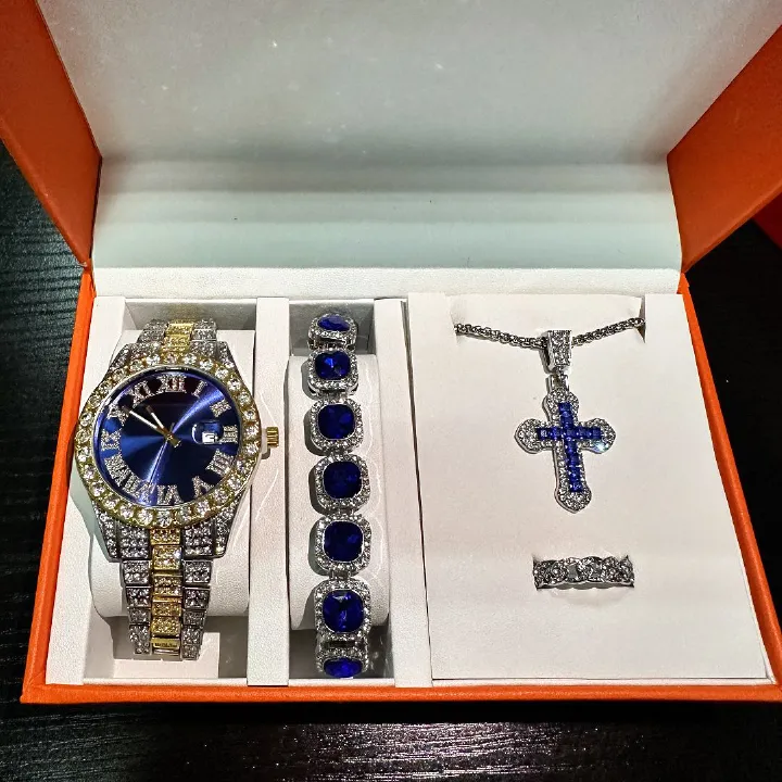 4-piece Hiphop Steel Belt Calendar Blue Face Personalized Men's Watch Bracelet Necklace Diamond Set Jewelry Gift Box