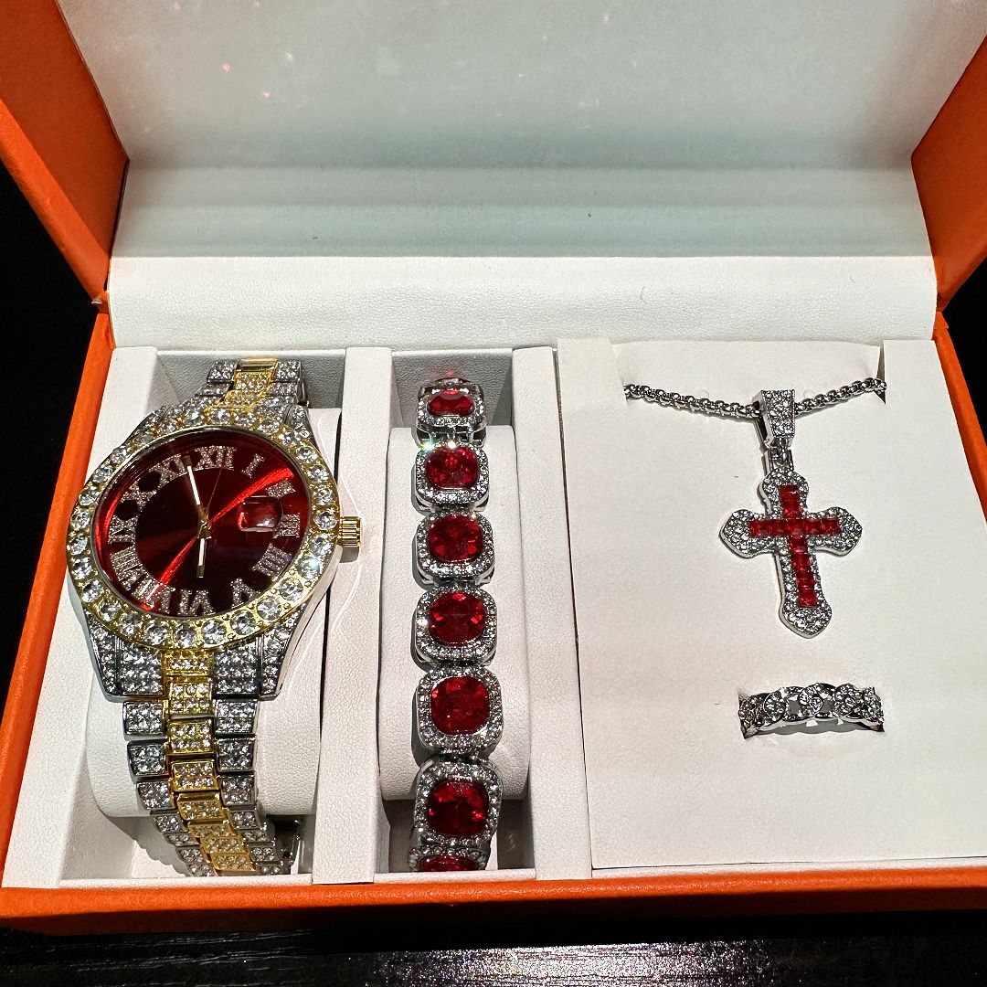 4-piece Hiphop Steel Belt Calendar Blue Face Personalized Men's Watch Bracelet Necklace Diamond Set Jewelry Gift Box