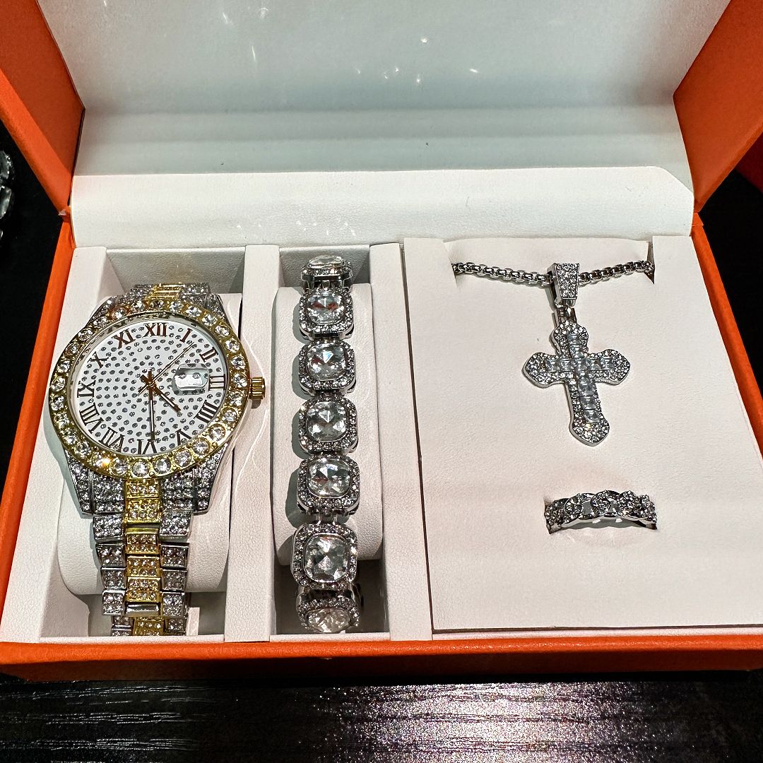 4-piece Hiphop Steel Belt Calendar Blue Face Personalized Men's Watch Bracelet Necklace Diamond Set Jewelry Gift Box