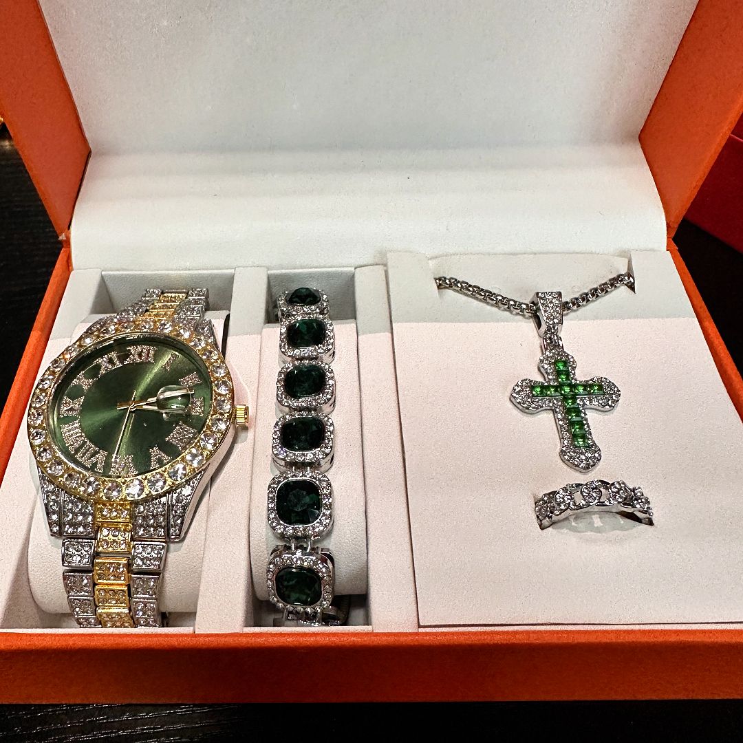 4-piece Hiphop Steel Belt Calendar Blue Face Personalized Men's Watch Bracelet Necklace Diamond Set Jewelry Gift Box