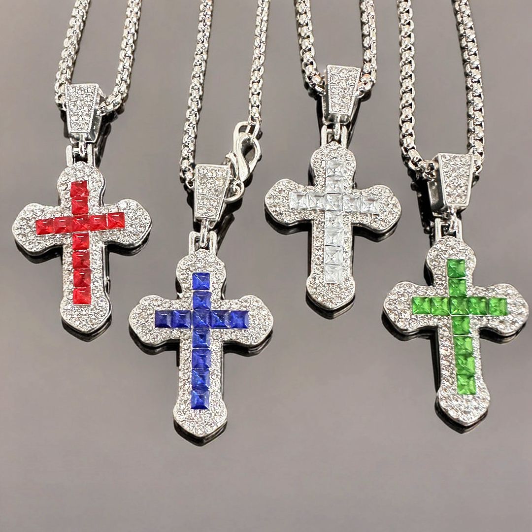 4-piece Hiphop Steel Belt Calendar Blue Face Personalized Men's Watch Bracelet Necklace Diamond Set Jewelry Gift Box