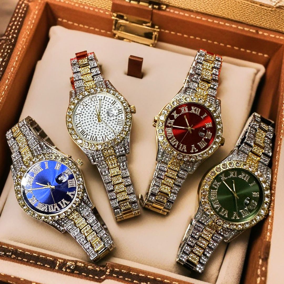 4-piece Hiphop Steel Belt Calendar Blue Face Personalized Men's Watch Bracelet Necklace Diamond Set Jewelry Gift Box