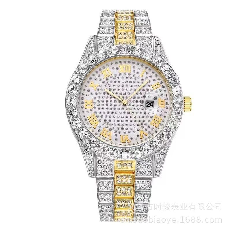4-piece Hiphop Steel Belt Calendar Blue Face Personalized Men's Watch Bracelet Necklace Diamond Set Jewelry Gift Box