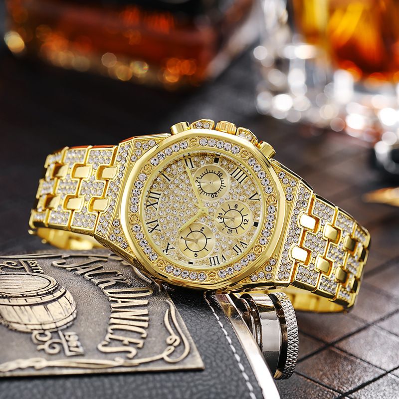 3pcs Necklace+Bracelet+Watch Cuban Chain Watch for Men Hip Hop Miami Curb Iced Out Paved Rhinestone Rapper Cuban men Jewelry set(1*watch1*bracelet 1*necklace）