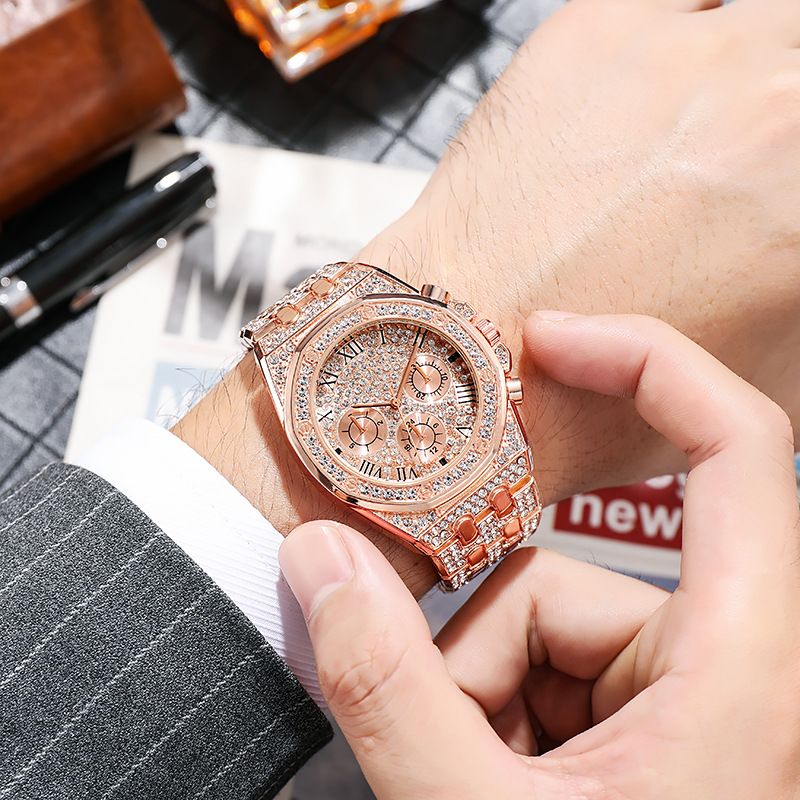 3pcs Necklace+Bracelet+Watch Cuban Chain Watch for Men Hip Hop Miami Curb Iced Out Paved Rhinestone Rapper Cuban men Jewelry set(1*watch1*bracelet 1*necklace）