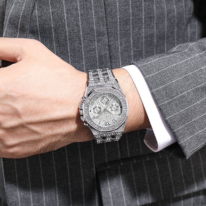 3pcs Necklace+Bracelet+Watch Cuban Chain Watch for Men Hip Hop Miami Curb Iced Out Paved Rhinestone Rapper Cuban men Jewelry set(1*watch1*bracelet 1*necklace）