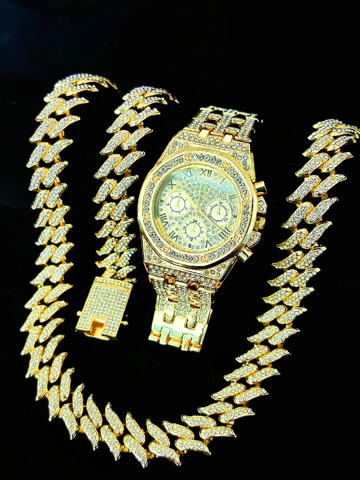 3pcs Necklace+Bracelet+Watch Cuban Chain Watch for Men Hip Hop Miami Curb Iced Out Paved Rhinestone Rapper Cuban men Jewelry set(1*watch1*bracelet 1*necklace）