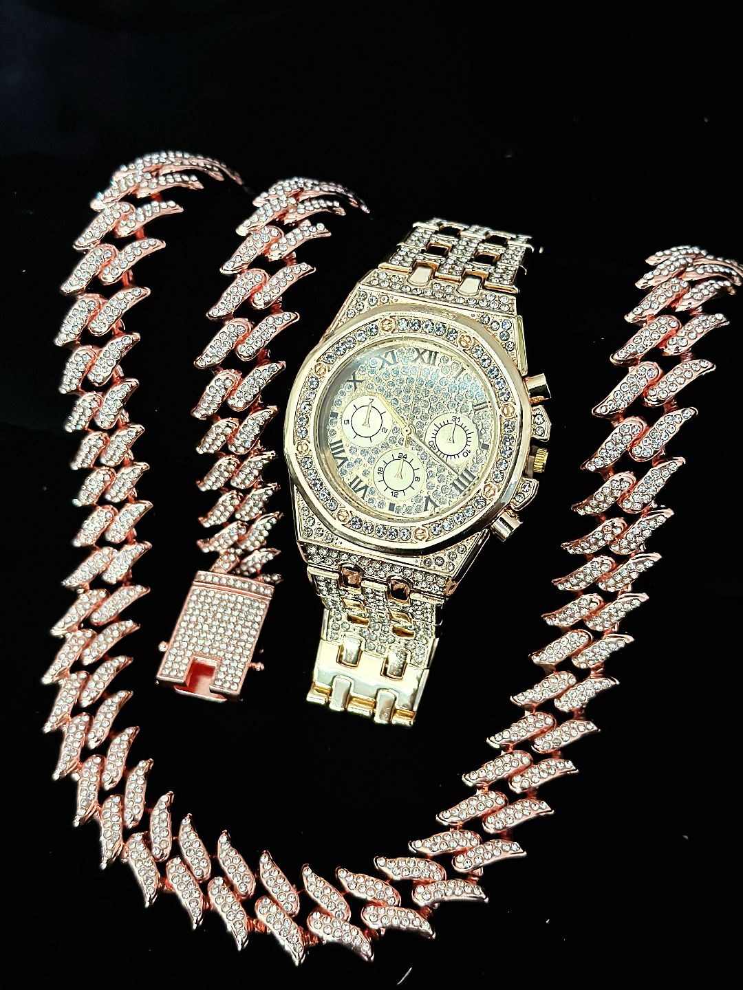 3pcs Necklace+Bracelet+Watch Cuban Chain Watch for Men Hip Hop Miami Curb Iced Out Paved Rhinestone Rapper Cuban men Jewelry set(1*watch1*bracelet 1*necklace）