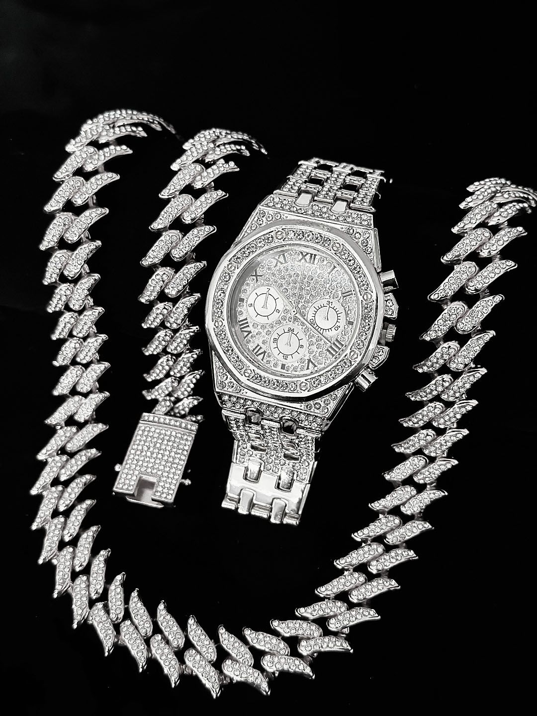 3pcs Necklace+Bracelet+Watch Cuban Chain Watch for Men Hip Hop Miami Curb Iced Out Paved Rhinestone Rapper Cuban men Jewelry set(1*watch1*bracelet 1*necklace）