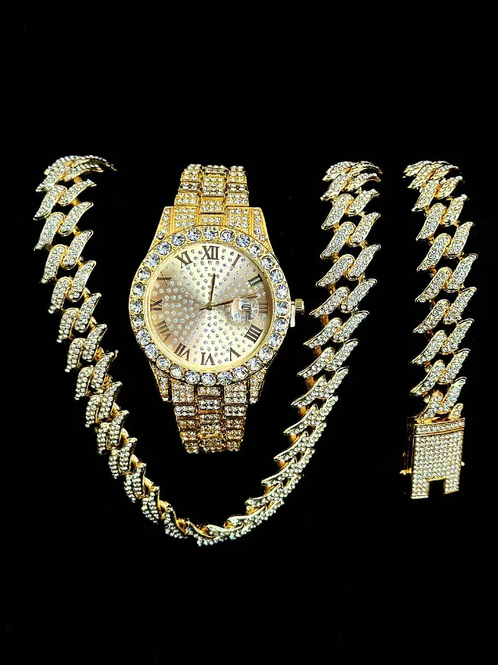 Hip Hop Jewelry Set Mens Women Iced Out Watch Necklaces Bracelet Bling Diamond Cuban Chains Choker Gold Watch for Men Reloj Gift(1*watch1*bracelet 1*necklace）