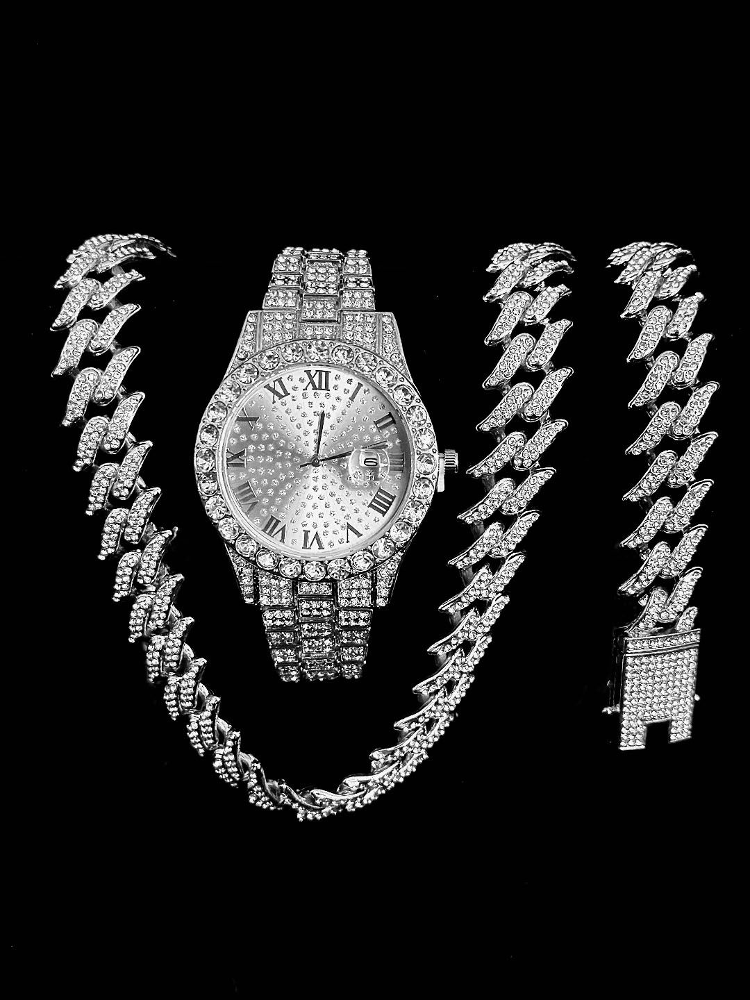 Hip Hop Jewelry Set Mens Women Iced Out Watch Necklaces Bracelet Bling Diamond Cuban Chains Choker Gold Watch for Men Reloj Gift(1*watch1*bracelet 1*necklace）