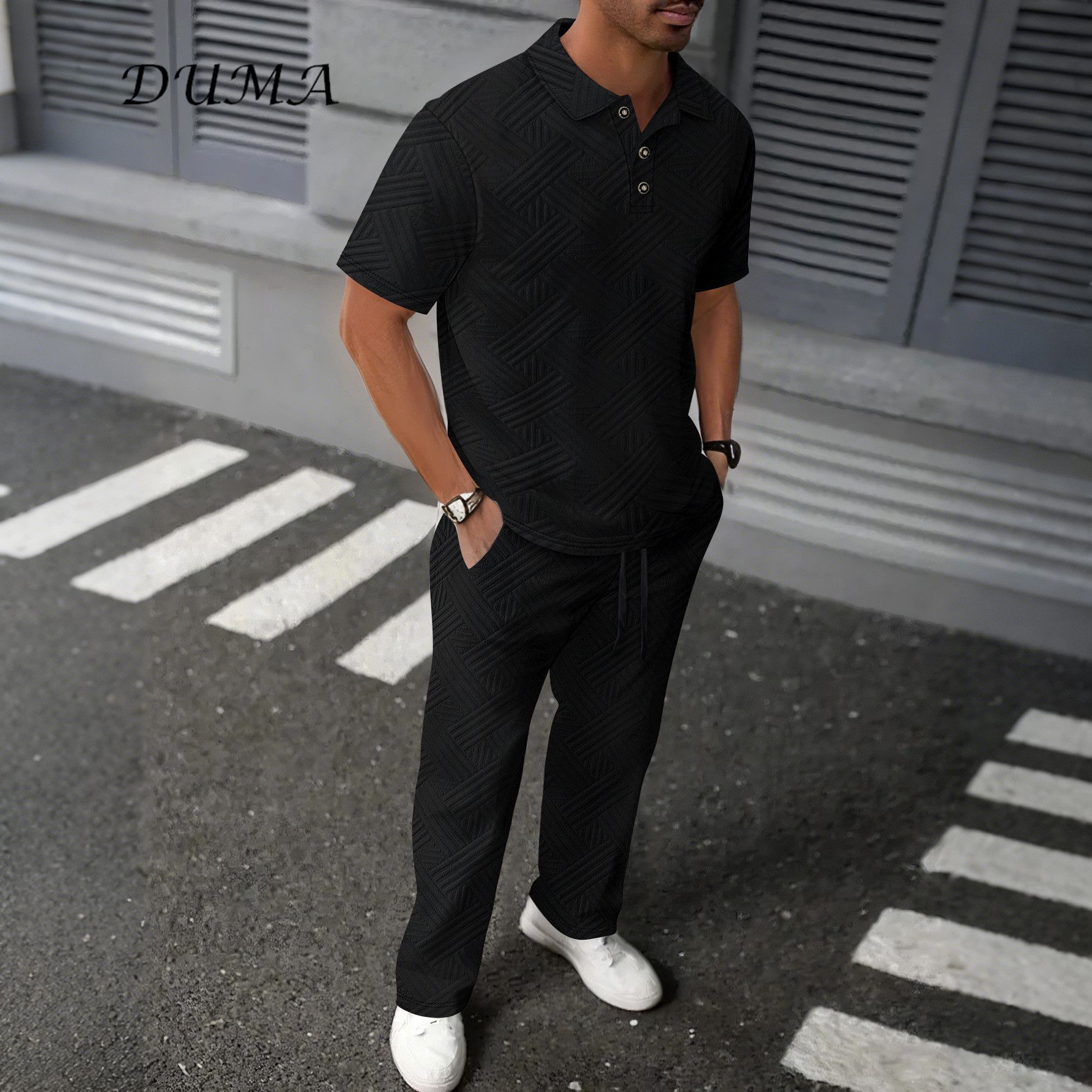 "DUMA"Summer Man Solid color Jacquard short-sleeved POLO shirt + trousers Two-piece set