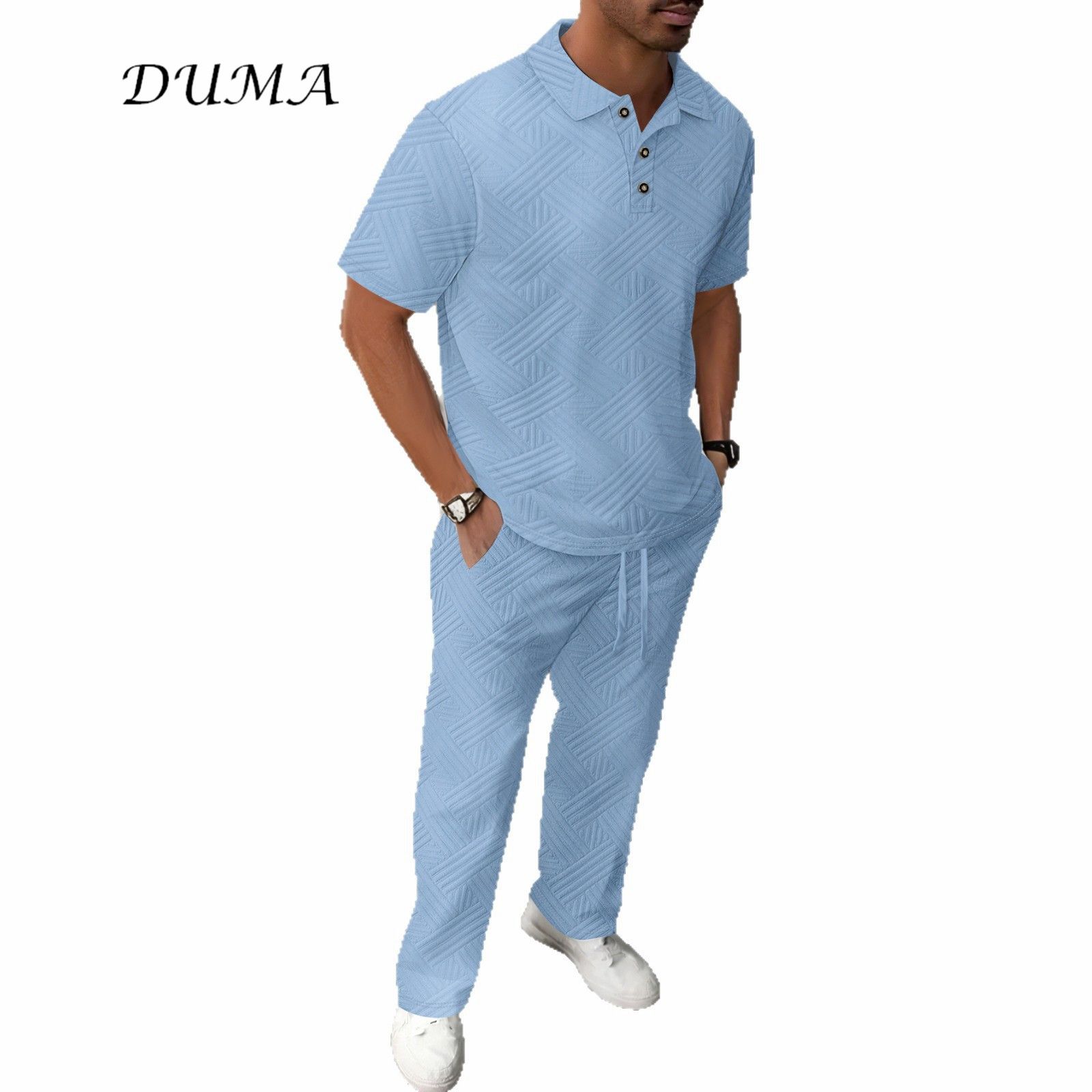 "DUMA"Summer Man Solid color Jacquard short-sleeved POLO shirt + trousers Two-piece set