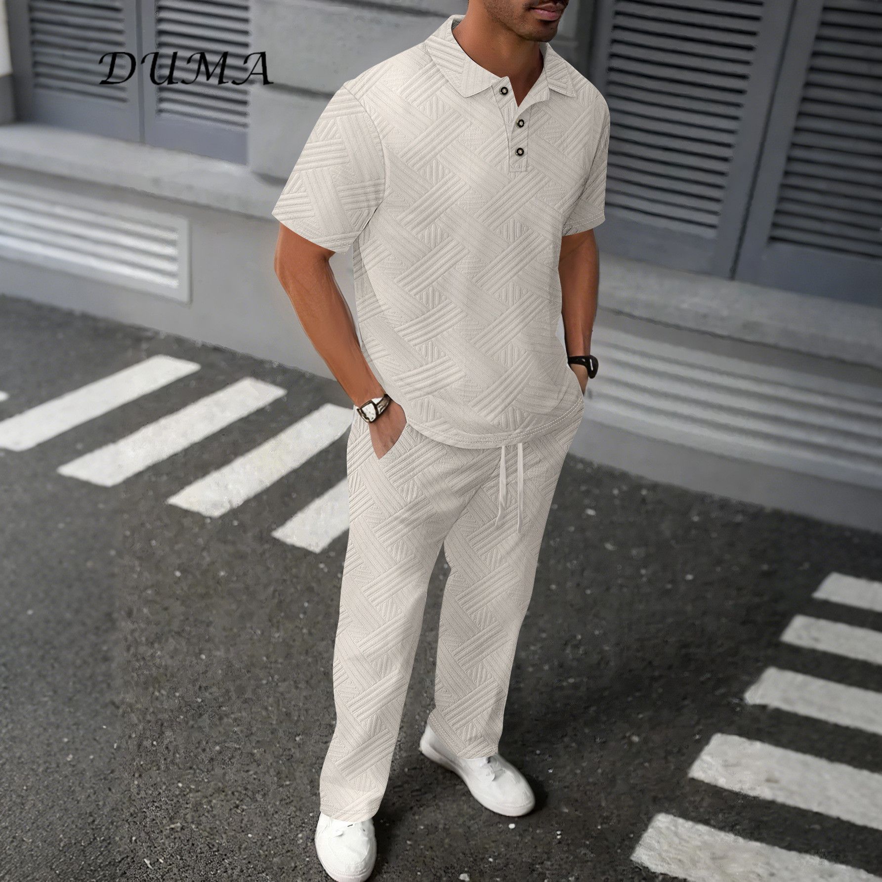 "DUMA"Summer Man Solid color Jacquard short-sleeved POLO shirt + trousers Two-piece set