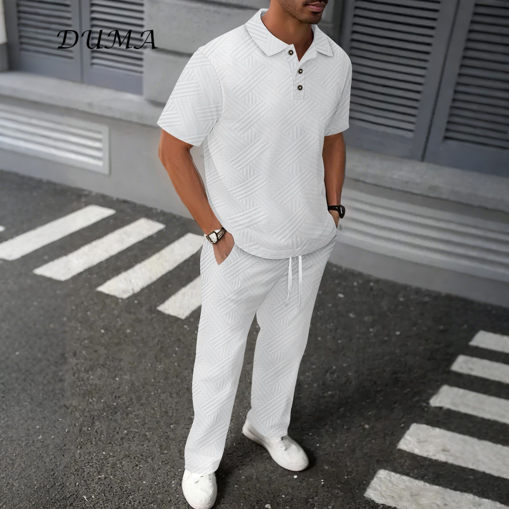 "DUMA"Summer Man Solid color Jacquard short-sleeved POLO shirt + trousers Two-piece set