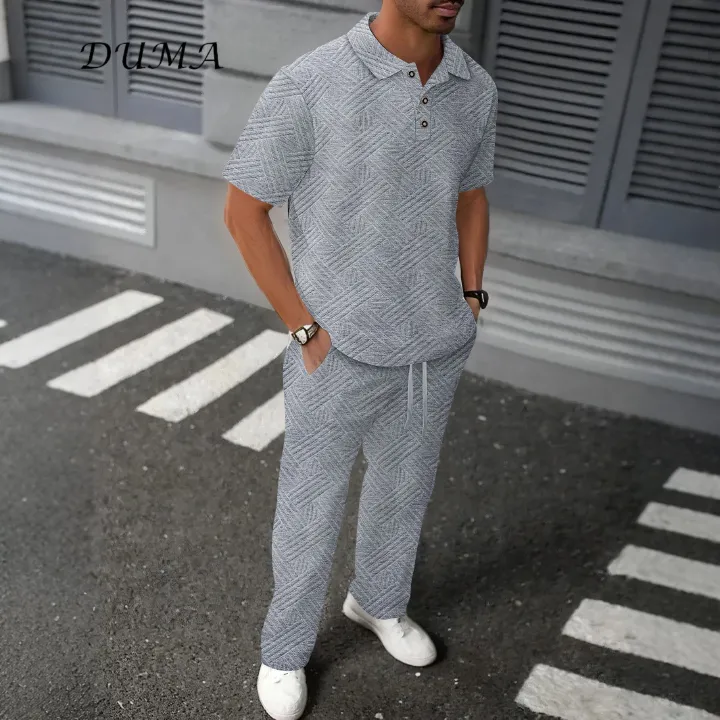 "DUMA"Summer Man Solid color Jacquard short-sleeved POLO shirt + trousers Two-piece set