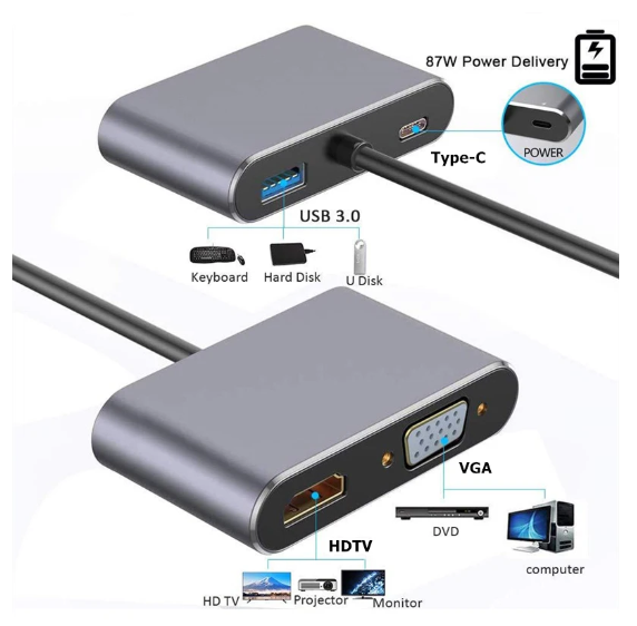 1PC USB C Hub 4 in 1 Type C 3.0 Adapter to 4K HDMI HDTV VGA USB 3.0 PD Fast Charge Splitter for MacBook Notebook Laptop Computer