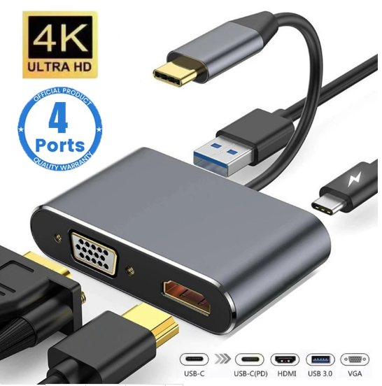 1PC USB C Hub 4 in 1 Type C 3.0 Adapter to 4K HDMI HDTV VGA USB 3.0 PD Fast Charge Splitter for MacBook Notebook Laptop Computer