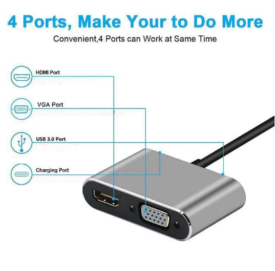 1PC USB C Hub 4 in 1 Type C 3.0 Adapter to 4K HDMI HDTV VGA USB 3.0 PD Fast Charge Splitter for MacBook Notebook Laptop Computer