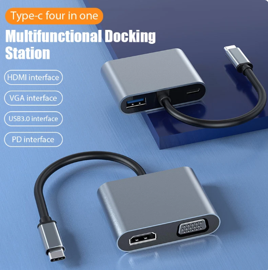 1PC USB C Hub 4 in 1 Type C 3.0 Adapter to 4K HDMI HDTV VGA USB 3.0 PD Fast Charge Splitter for MacBook Notebook Laptop Computer