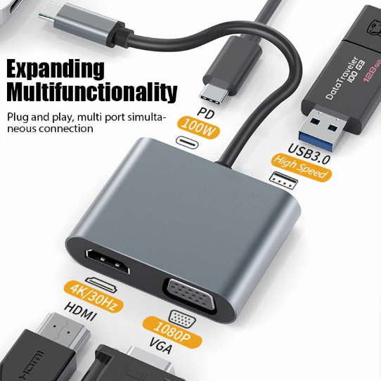 1PC USB C Hub 4 in 1 Type C 3.0 Adapter to 4K HDMI HDTV VGA USB 3.0 PD Fast Charge Splitter for MacBook Notebook Laptop Computer