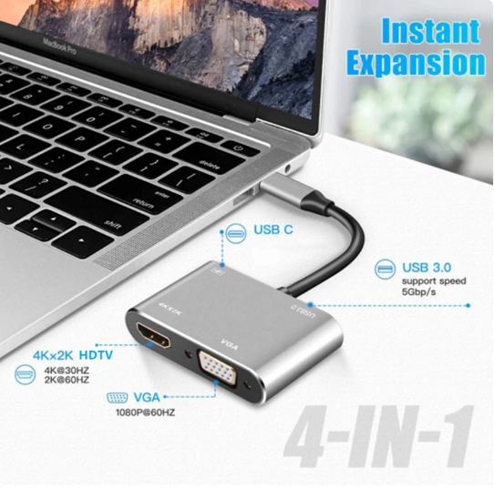 1PC USB C Hub 4 in 1 Type C 3.0 Adapter to 4K HDMI HDTV VGA USB 3.0 PD Fast Charge Splitter for MacBook Notebook Laptop Computer