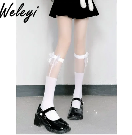 1Pair/2Pairs Silk Stitching Calf Socks Women's Bow Lolita Fashion Sexy Socks
