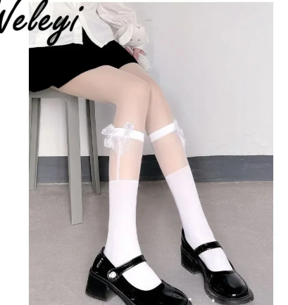 1Pair/2Pairs Silk Stitching Calf Socks Women's Bow Lolita Fashion Sexy Socks